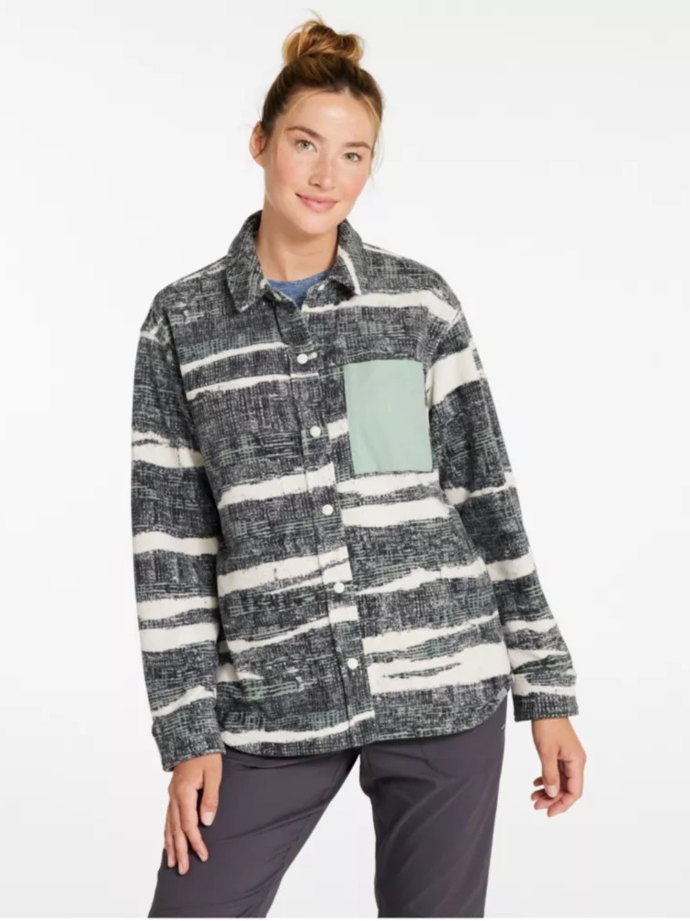 L.L. Bean Black & White Striped Shacket with Mint Pocket